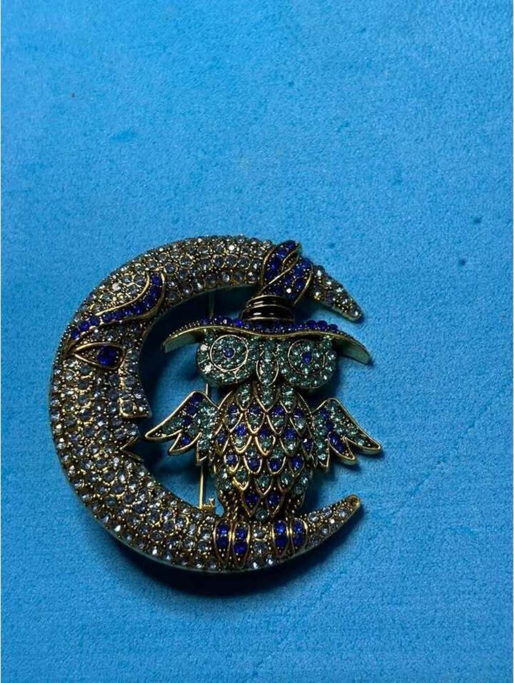 Vintage Style Owl and Crescent Moon Rhinestone Brooch